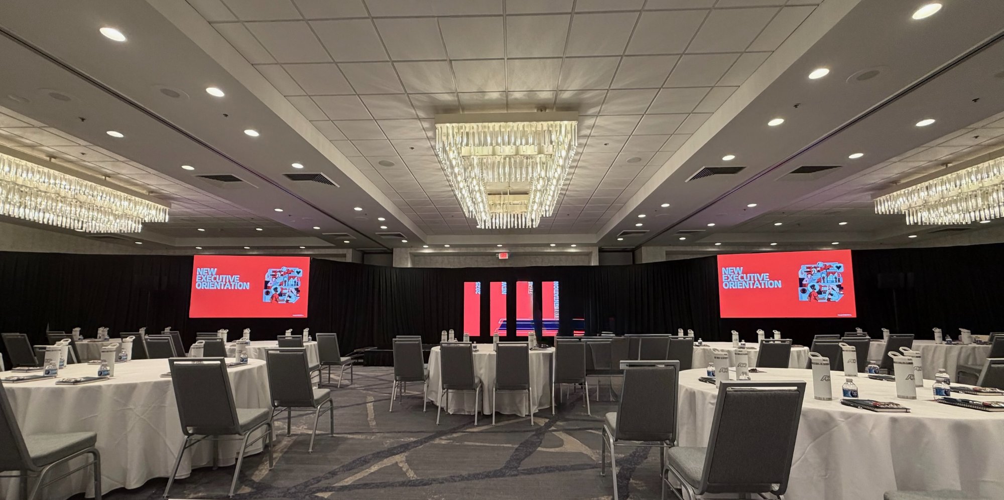Showbox AV rental Morristown NJ — dual projection screens and audio for corporate new executive orientation